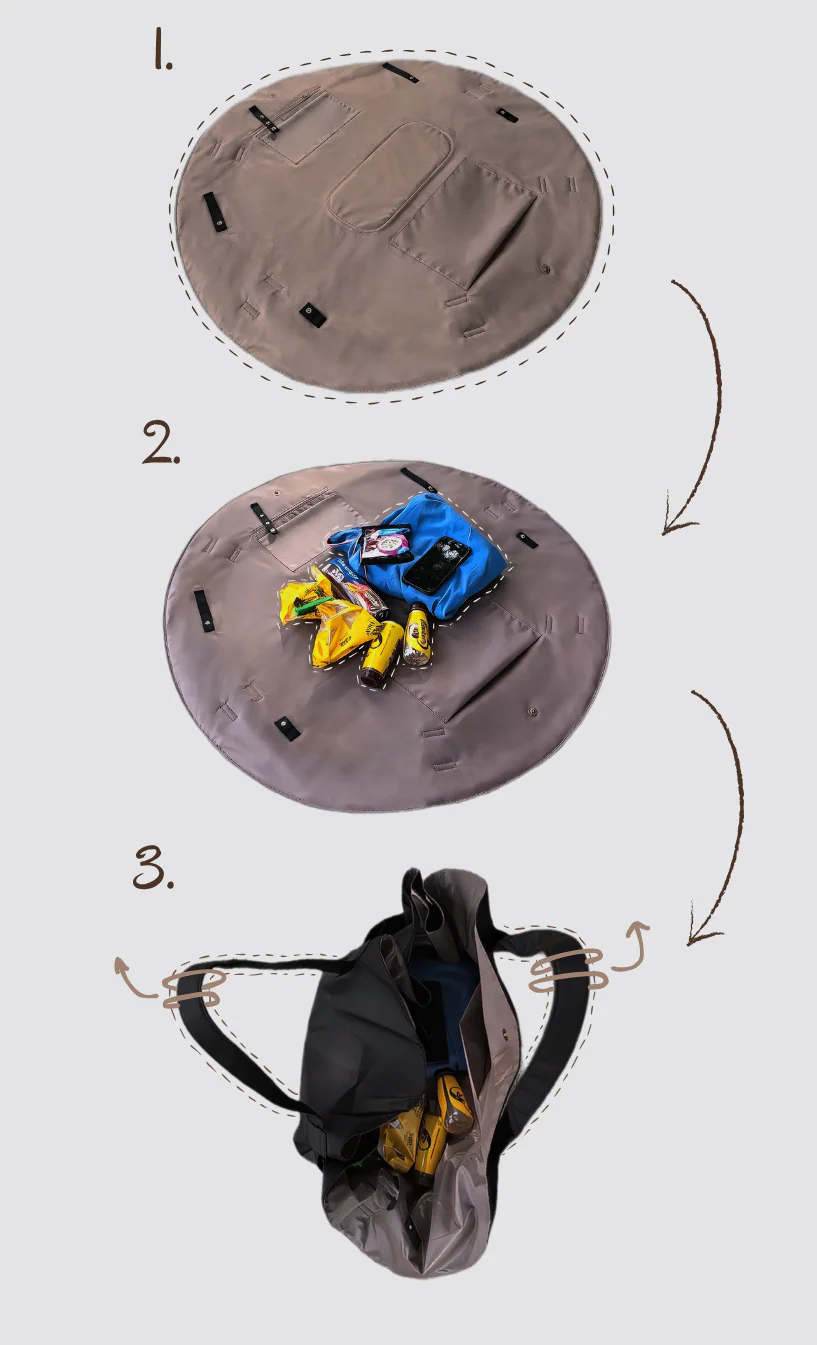 How the CARRY&CO Bag works: open it flat, place your items, then pull the straps to close